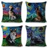 Both Sided Starry Sky Dog Cushion Cover Decor Oil Painting Cartoon Pet Animal Pillow Case for Sofa Home  Linen Pillowcase