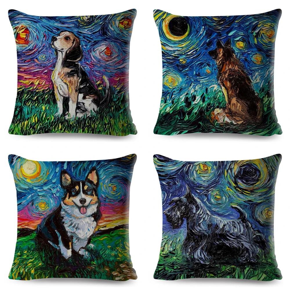 Both Sided Starry Sky Dog Cushion Cover Decor Oil Painting Cartoon Pet Animal Pillow Case for Sofa Home  Linen Pillowcase