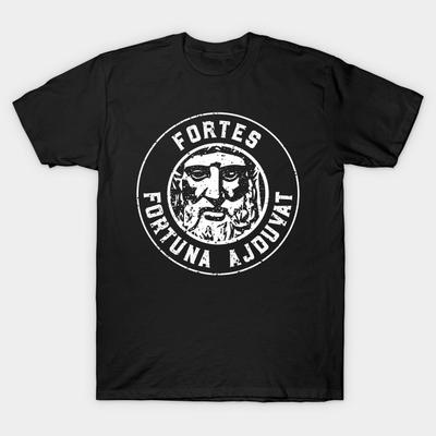 Asian Size Men Black Print T-shirt Fortes Fortuna Adjuvat- Fortune Favors The Bold No-Cut Heat Transfer Print Cotton Tshirt