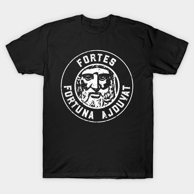 

Men Black Print T-shirt Fortes Fortuna Adjuvat- Fortune Favors The Bold No-Cut Transfer Paper Print Cotton Tshirt 4XL