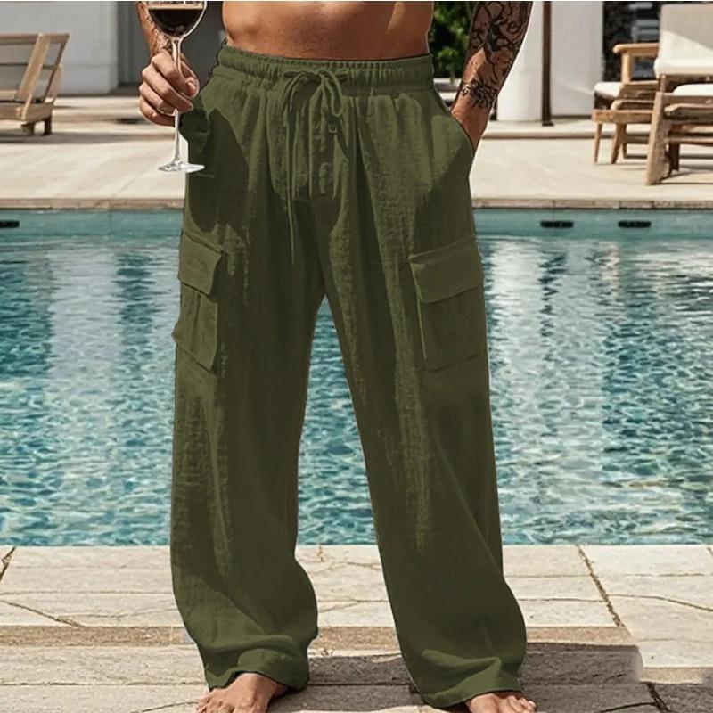 Men's Cotton and Linen Four-season Thin Breathable Workwear Multi-pocket Loose Casual Trendy Wide-leg Pants