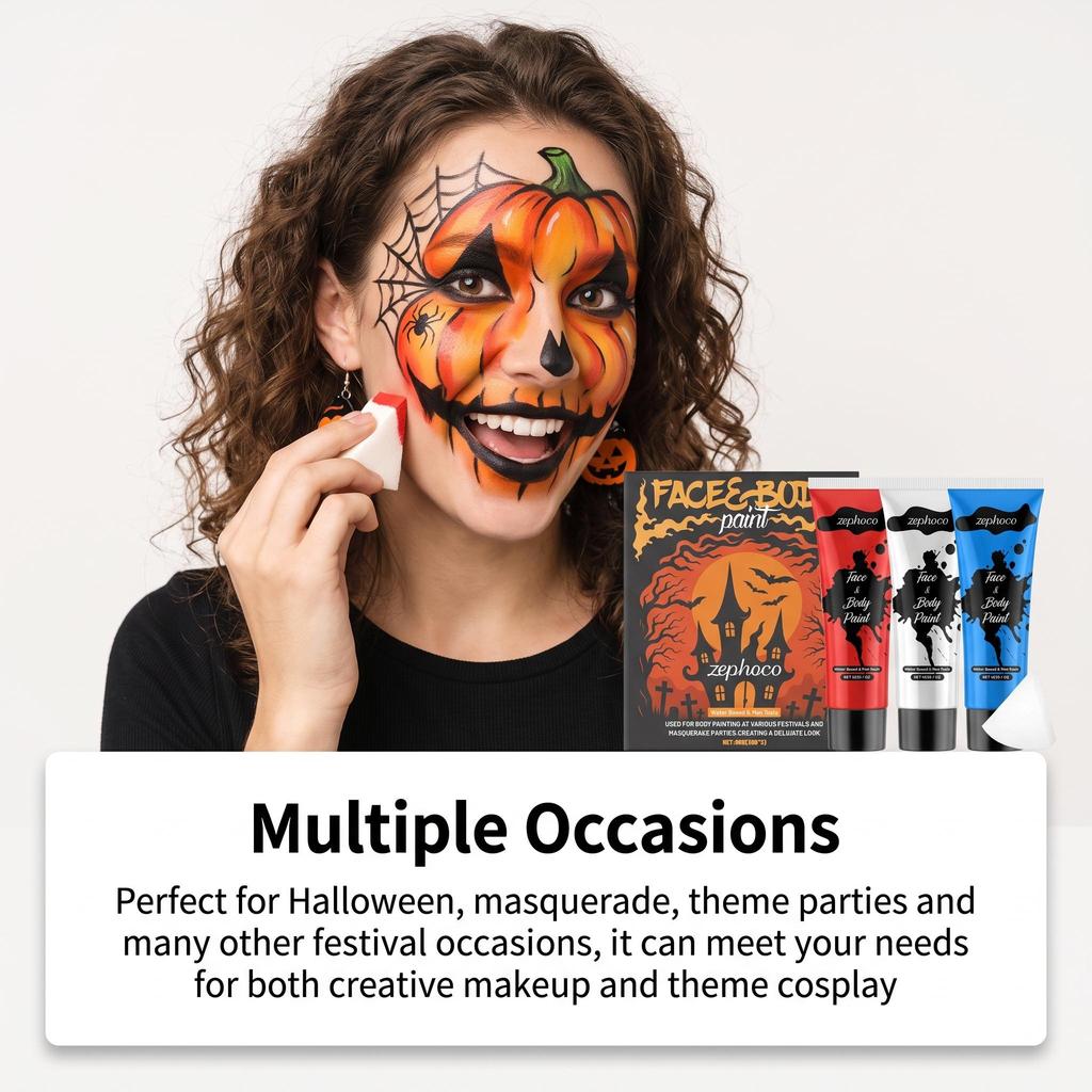 Zephoco Halloween Face Body Painting Kit Full Coverage Lightweight Foundation Water-soluble Non-Toxic Safe Festival Makeup Accessories Set