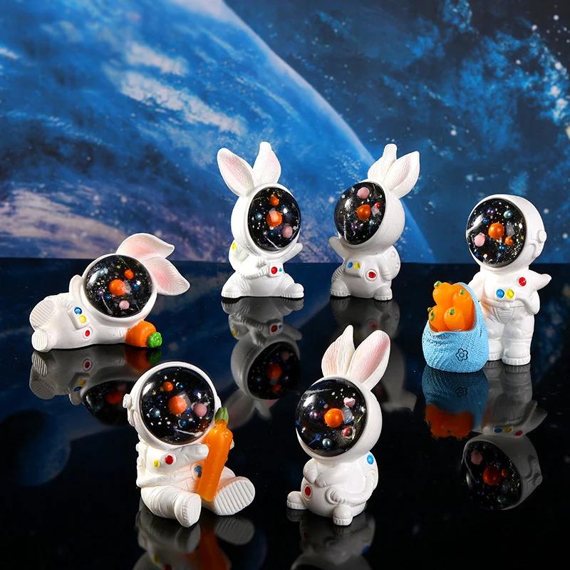 3pcs Planet Astronaut Bunny Rabbit Resin Mini Figures Cute Cartoon Ornament Miniature Craft DIY Accessories Home Desk Decor Gift