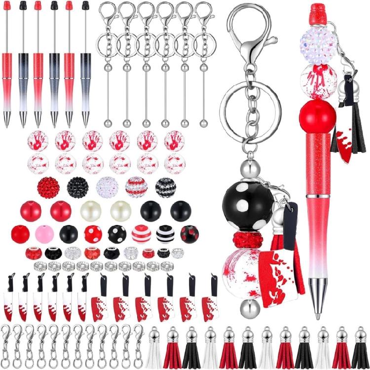 

86Pcs Beading Ballpoint Pen Keychain Set, Halloween Beadable Ballpoint Pen with Beads, Lobster Clasps, Tassels Pendant 1