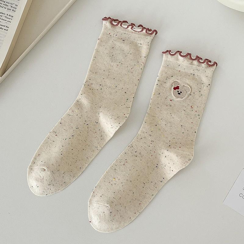 Socks Pure Cotton Stacking Socks Season Idea Yarn Cute Embroidery Cartoon Fungus Edge Cotton Medium Tube Socks
