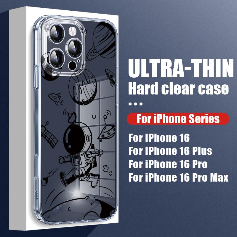 Planet Astronaut Pattern Hard PC Clear Case For iPhone 16 Pro Max 15 Pro 14 13 12 11 Transparent Shockproof Slim Phone Cover