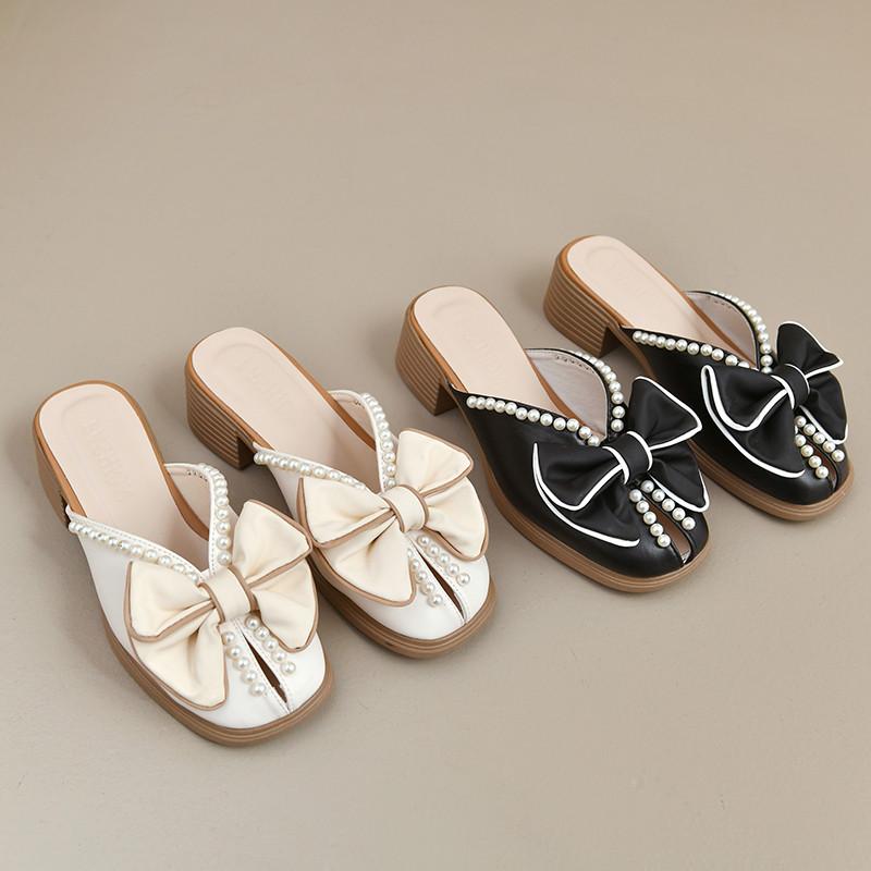 Fashion Cover Toe Slippers Casual Female Shoes String Bead Slides Butterfly-Knot Luxury 2025 Summer Soft Square heel Butterfly-knot