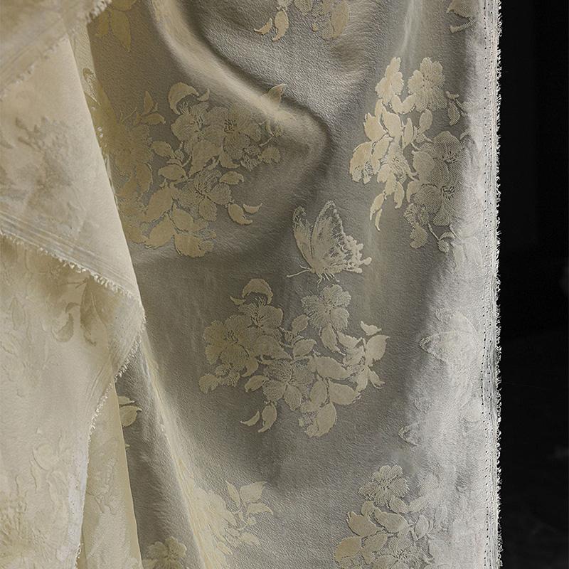 Apricot Butterfly Tulle Flocking Fabric Artistic Chinese Style Lightweight DIY Designer Material for Women's Dress Hanfu