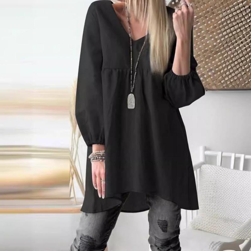 Autumn Solid Cotton and Linen Casual Shirt Women V-neck Pleated Lantern Sleeve Plus Size Blouse Women Tops Fashion Elegant Vintage Lady Shirts 24688