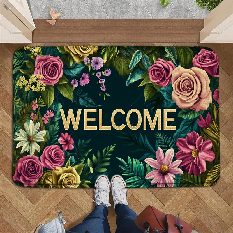 Welcome Doormat Vibrant Floral Pattern Non-Slip Rug for Indoor Outdoor High Traffic Areas Perfect for Valentine'S Day Spring Mat