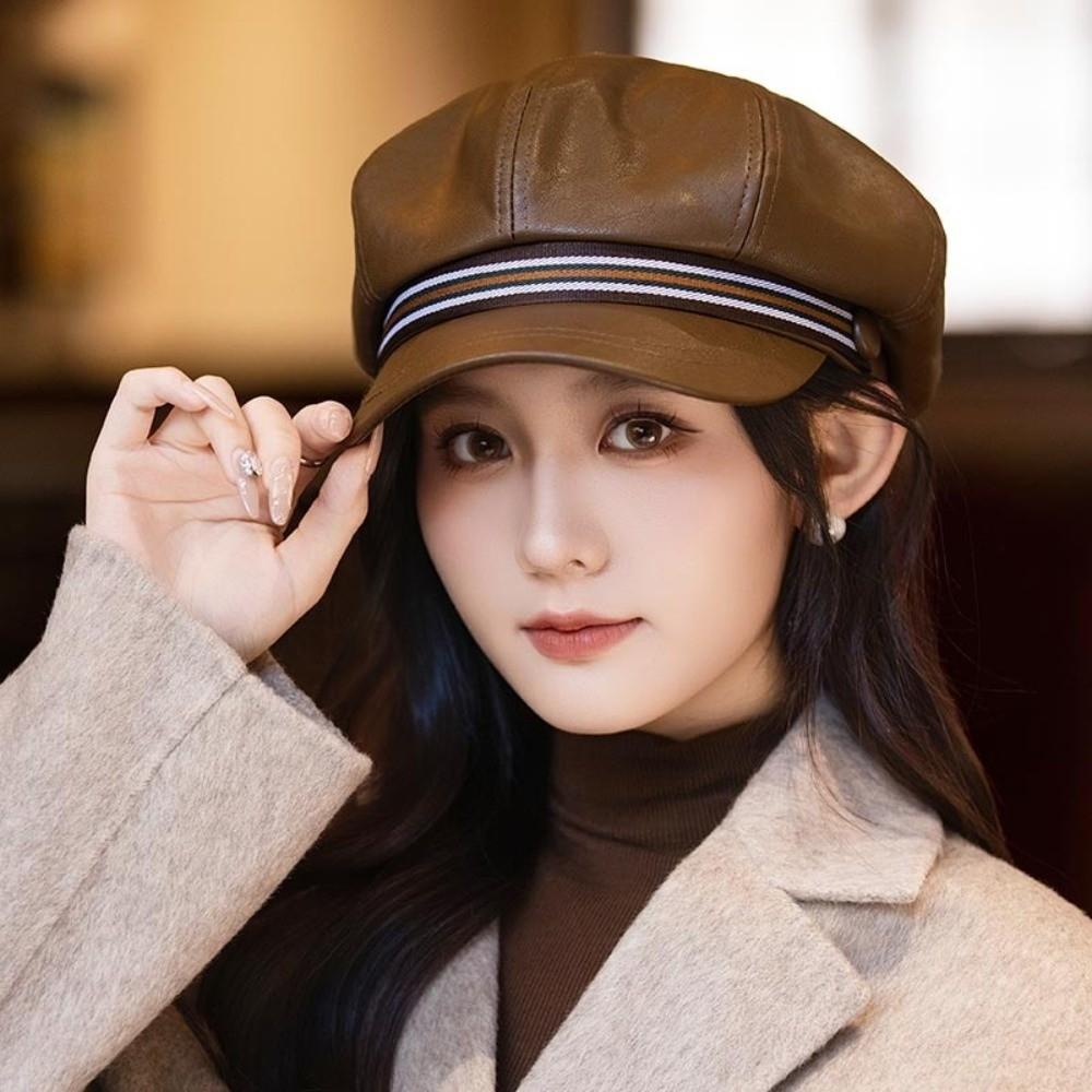 Stripe Octagonal Hat Windproof Painter Hat Personality Pu Leather Beret  Autumn