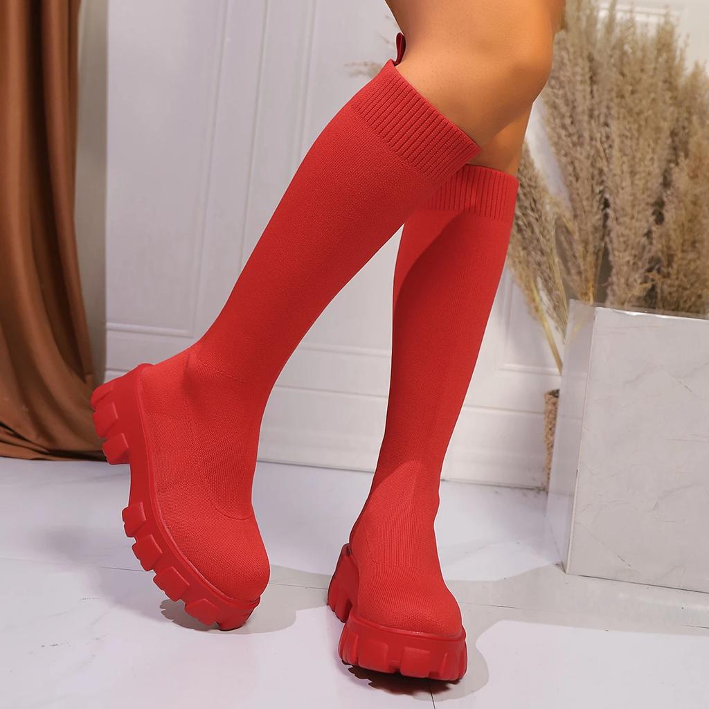 Fashion Chunky Platform Knee High Boots Women Autumn Winter Fashion Elastic Knit Socks Boots Woman Thick Sole High Tube Long Botas Mujer