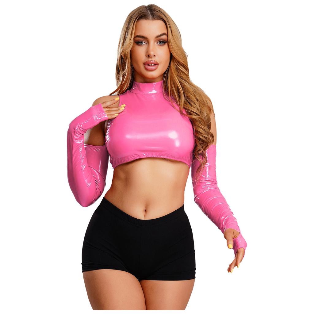Damen Glänzendes PU Cropped Top Cold Shoulder Langarm Ausgeschnitten Rollkragen Pullover