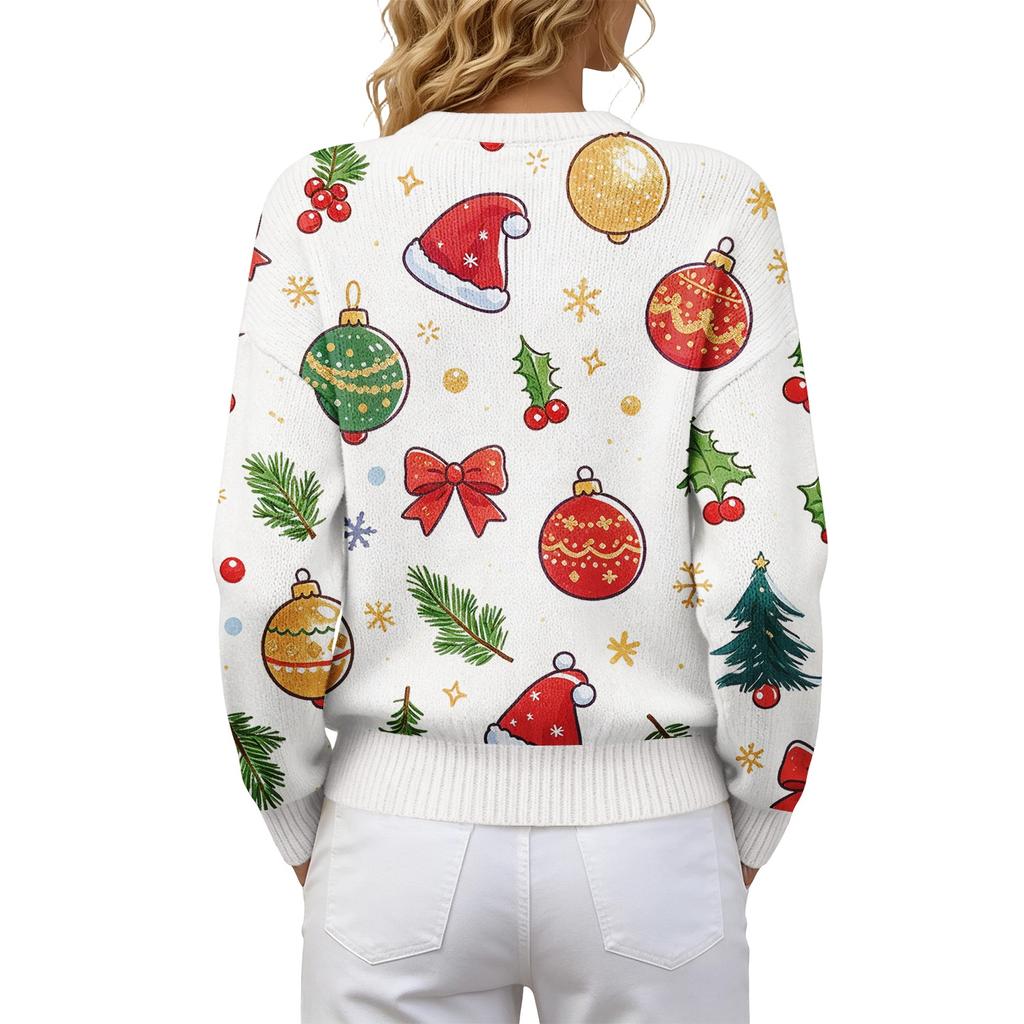 Women's Christmas Print Crewneck Long Sleeve Sweater for Fall Winter Casual Wear