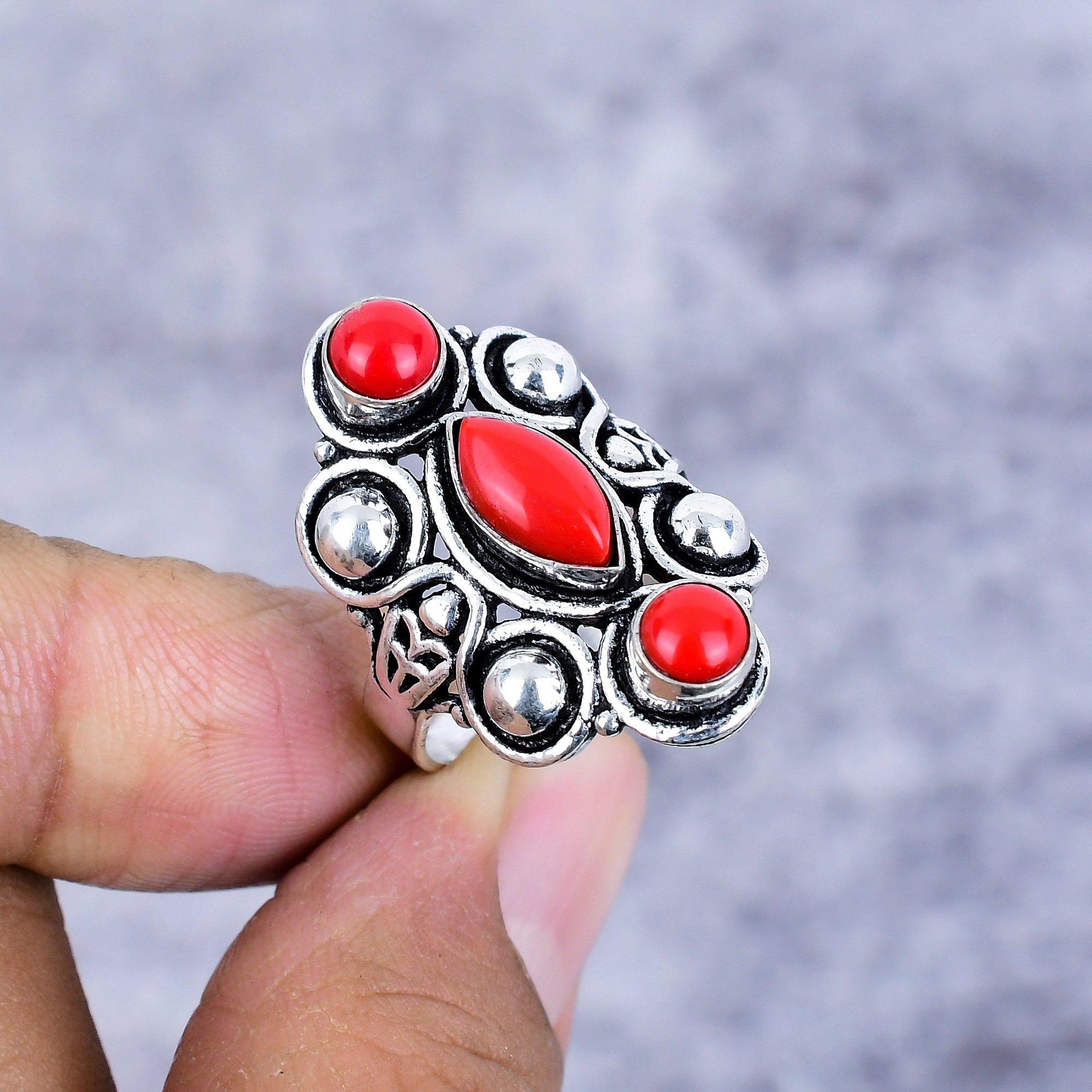 

Red Coral Gemstone Handmade 925 Sterling Silver Jewelry Ring Size 10 M-2680