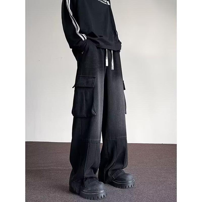 American High Street Pocket Tooling Jeans Men's Straight Casual Loose Wide-leg Pants Trendy Brand Washed Retro Trousers