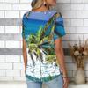 Women Blue Ocean Coconut Palm Beach Print Short Sleeve V Neck Blouse