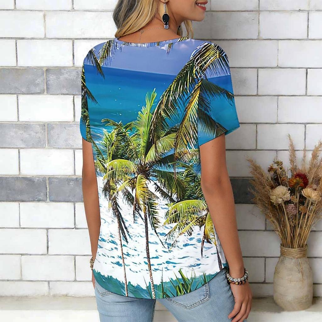 Women Blue Ocean Coconut Palm Beach Print Short Sleeve V Neck Blouse