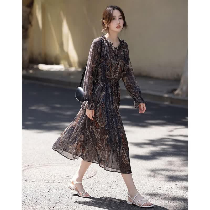 Demana Elegant Chiffon Print Midi Dress