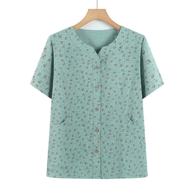 

Grandma s Summer Cotton Short Sleeve Shirt - Women s Cotton Linen Top for Middle-aged and Elderly 2XL (Recommended 50-60 kg) зелений