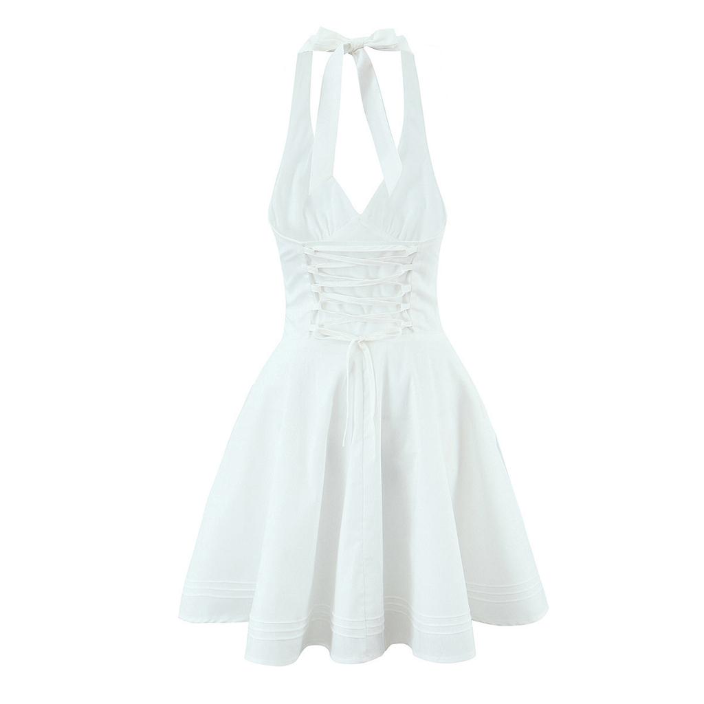 Pure Desire Style White Age-reducing Waist Sexy Backless A-word Short Skirt Women's Deep V-neck Back Strap Neck Dress Summer