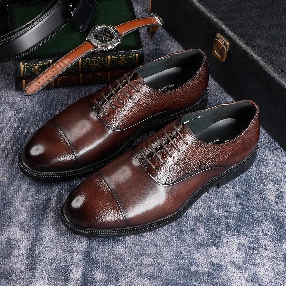 Fashion 2025 Men's Italian Style Handmade Genuine Cow Leather Oxford Dress Shoes High Quality Formal Suit Footwear for Wedding