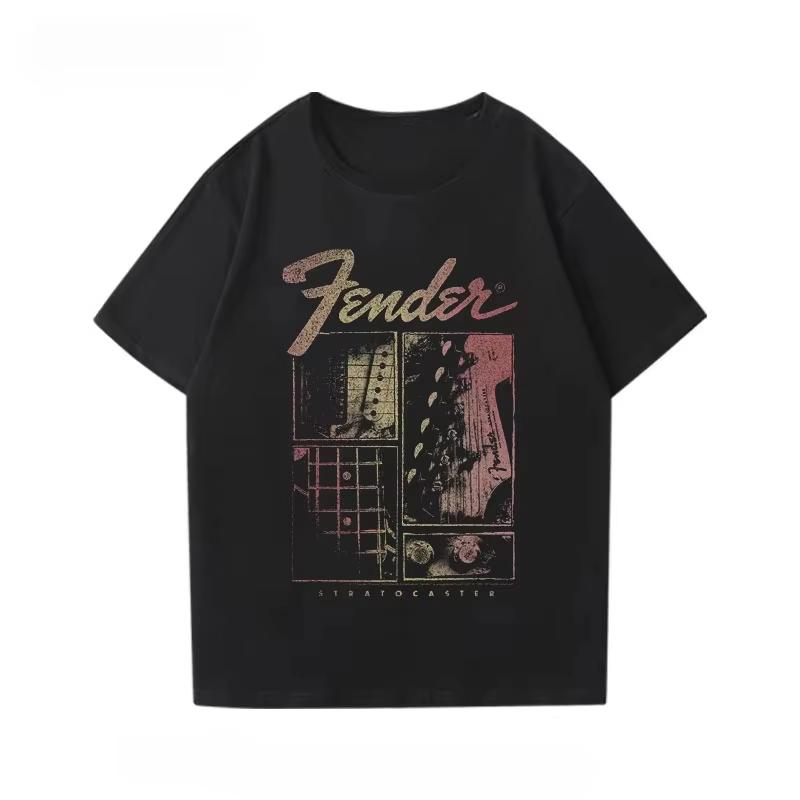 Fender Electric Guitar Short Sleeved Printed T-shirt for Boys, Guitarist Performance Outfit, Pure Cotton, Parent-child