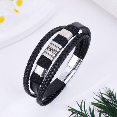 European & American Style Multi-Layer Braided Leather Men's Bracelet - Versatile Fashionable Hip-Hop Bangle