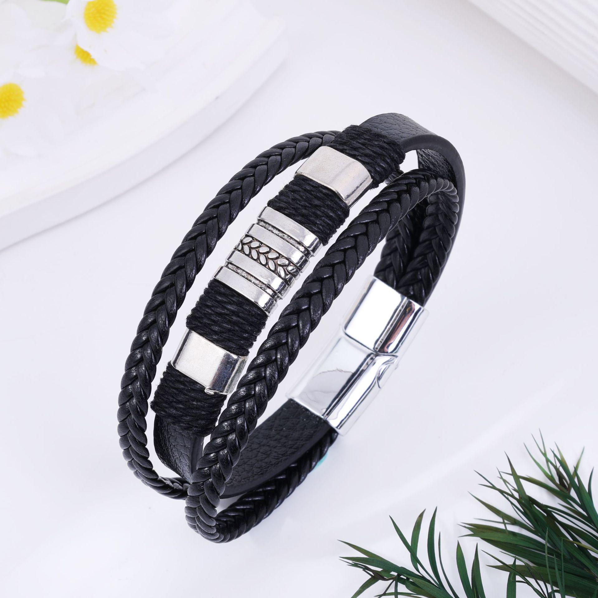 

Мужской браслет из многослойной плетеной кожи в европейском и американском стиле - Универсальный модный хип-хоп браслет чёрный