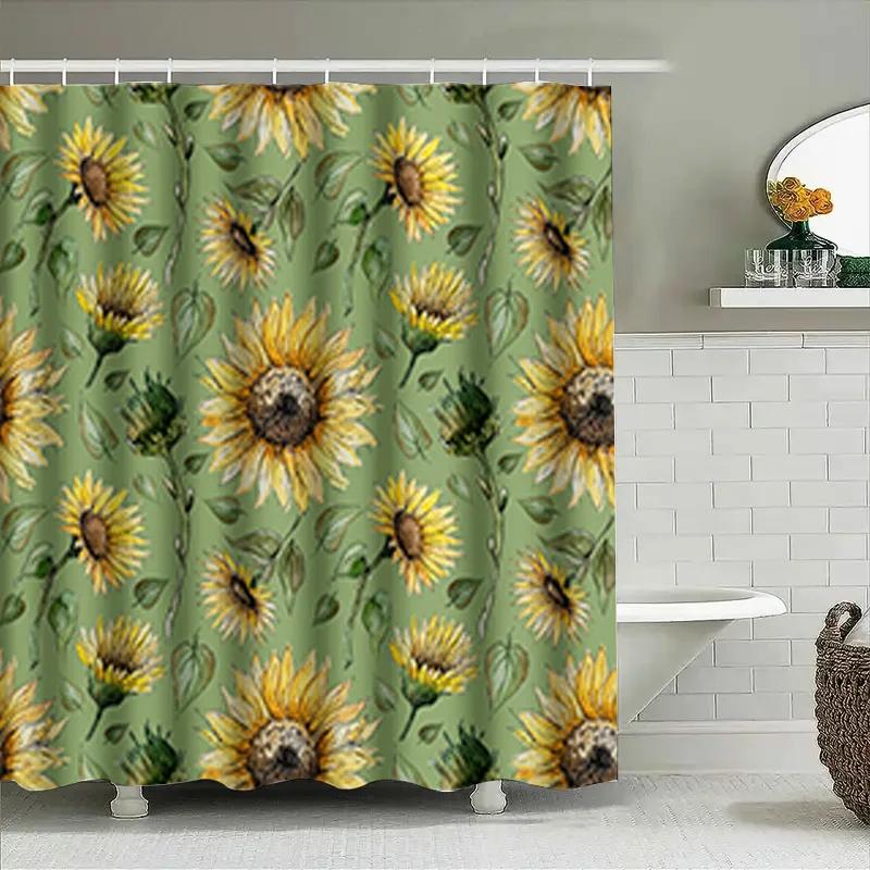 Sunflower Printed Shower Curtain Green Background With Yellow Flowers For Bathroom Decor Customizable