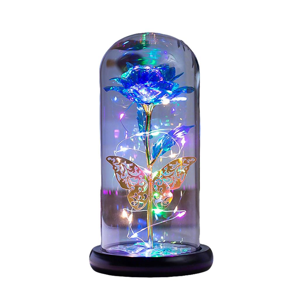 Galaxy Rose Flower Artificial Flower Rose In Glass Dome with Butterfly Colorful LED Light Rose Gifts Idea for Women's Birthday Mother's Day Christmas