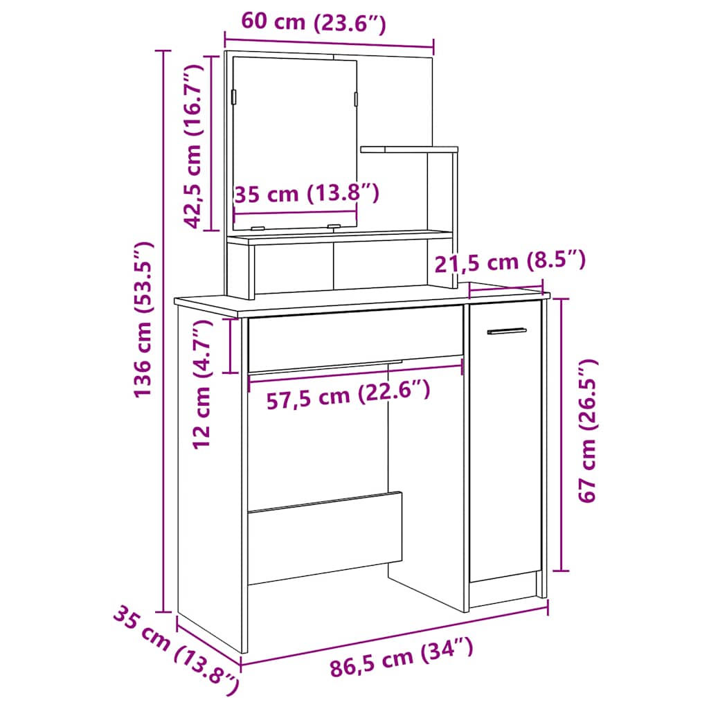 Makeup Table with Mirror Rustic Wood Look 86.5 X 35 X 136 Cm