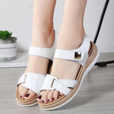 Women Female Ladies Mother Genuine Leather Flats Soft Hook Loop Bling Summer Beach Sandals