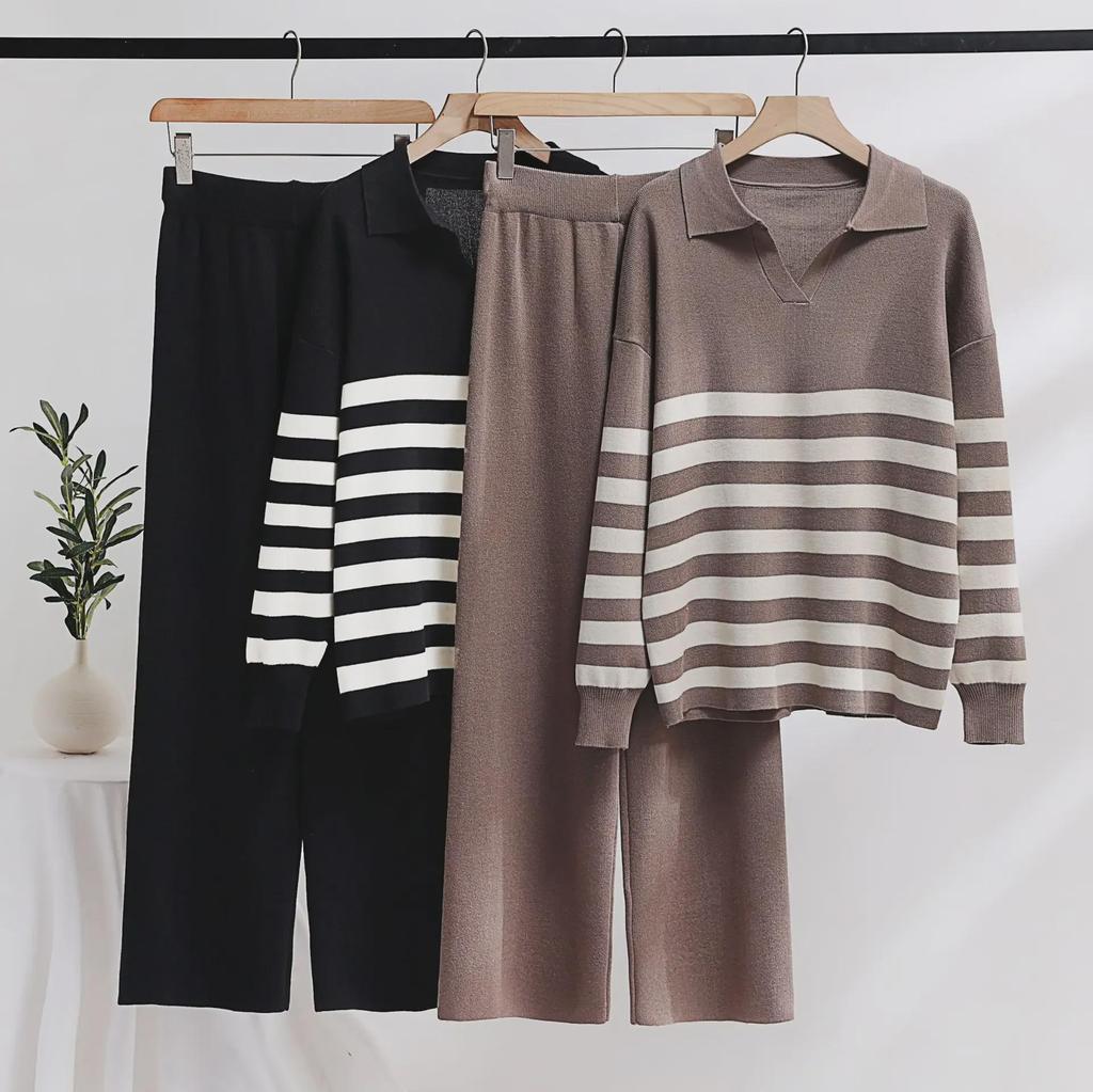 "2023 Women's Middle Eastern Striped Polo Collar Knitted Sweater and Loose Casual Fashion Two-piece Suit"