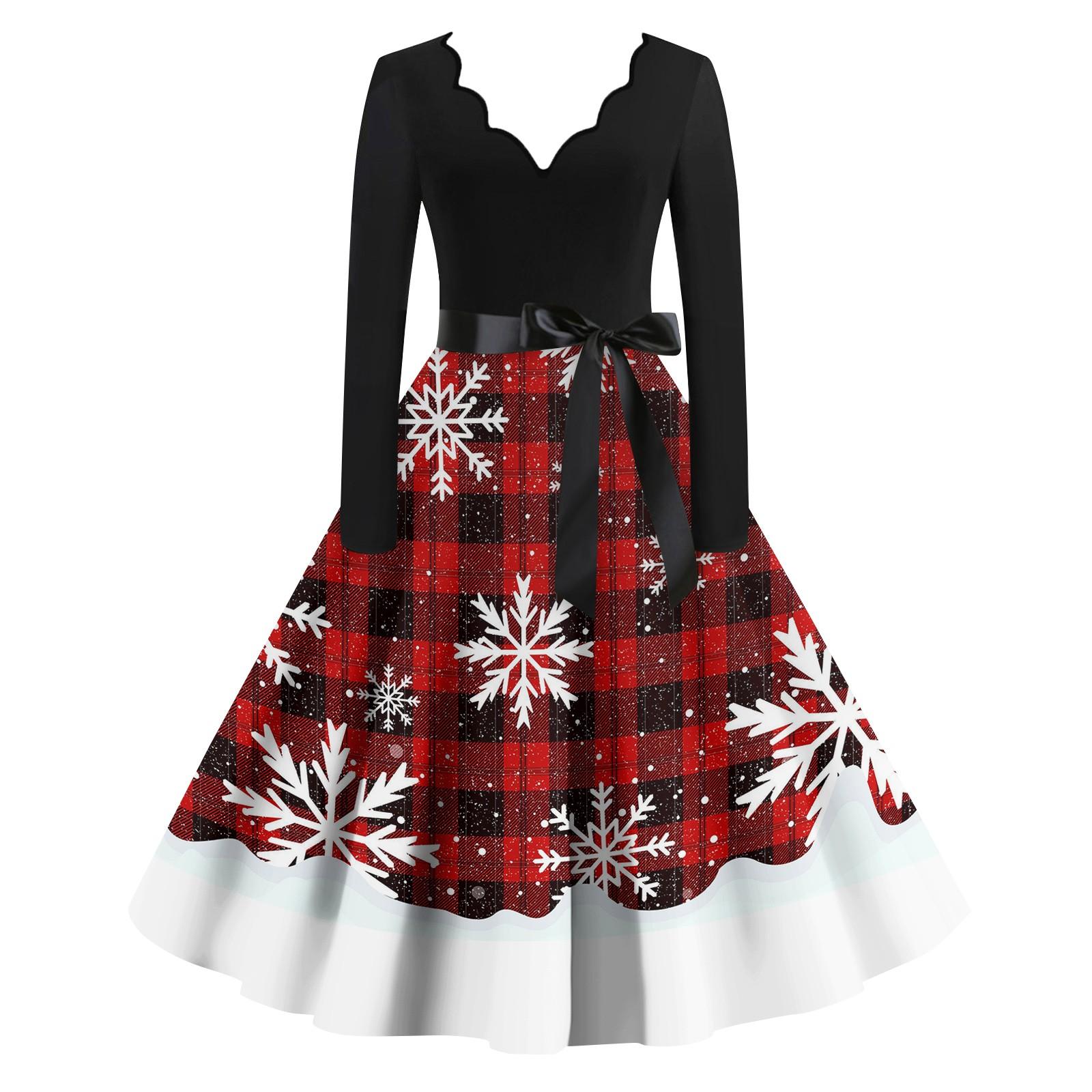 

Жіночі повсякденні модні вінтажні довгі сукні з різдвяними графічними принтами з довгими рукавами XXL червоний