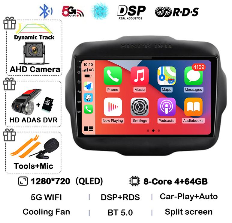 Android 14 Auto Carplay WIFI+4G LTE Car Radio For Jeep Renegade 2016 2017 2018 2019 2020 Multimedia Player GPS Stereo 360 Camera