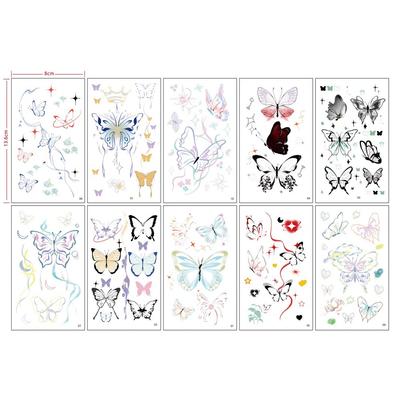 Tulshop Kitsch Butterfly Color Semi-Permanent Tattoo Sticker Waterproof Emotional Henna Fashion Tattoo 10 Sheets No. 98, A, 1 Set