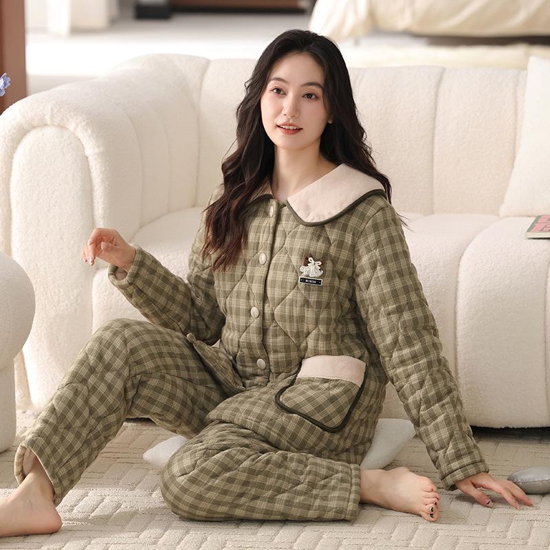 Woven pure cotton three-layer padded thickened pajamas women's winter fleece coral fleece flannel loungewear winter padded jacket