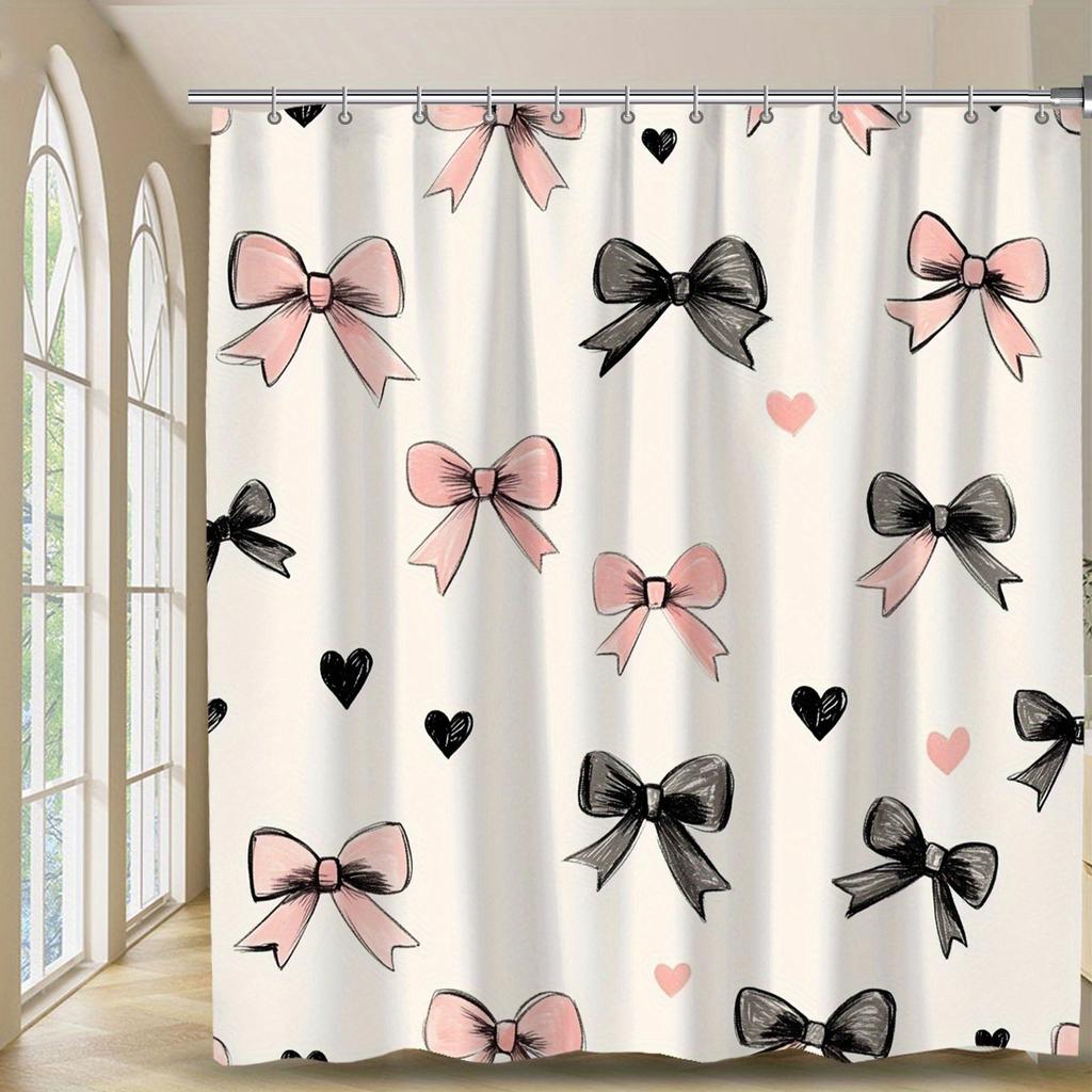 Pink And Black Bow Shower Curtain 1Pc – Hand-Drawn Ribbons & Hearts, Romantic Cute Art For Valentine’S Day Or Girl’S Room Decor
