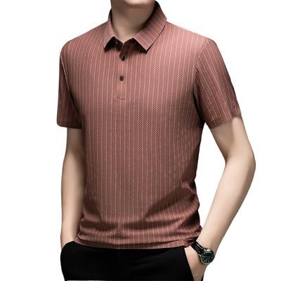 Kurzarm-Poloshirt Herren Jacquard Vertikal gestreift Nahtloses Eis-Seiden-Poloshirt