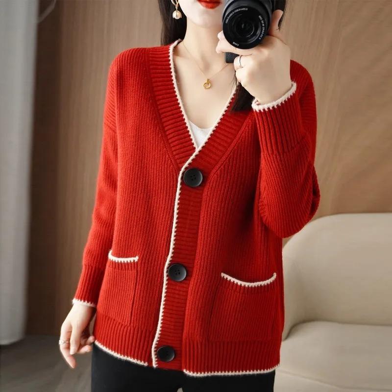 Autumn Winter Korean Fashion V-neck Loose Knitted Sweater Jacket Women Cardigan Pockets Casual Office Coats Long Sleeve Solid Color Simple Clothing