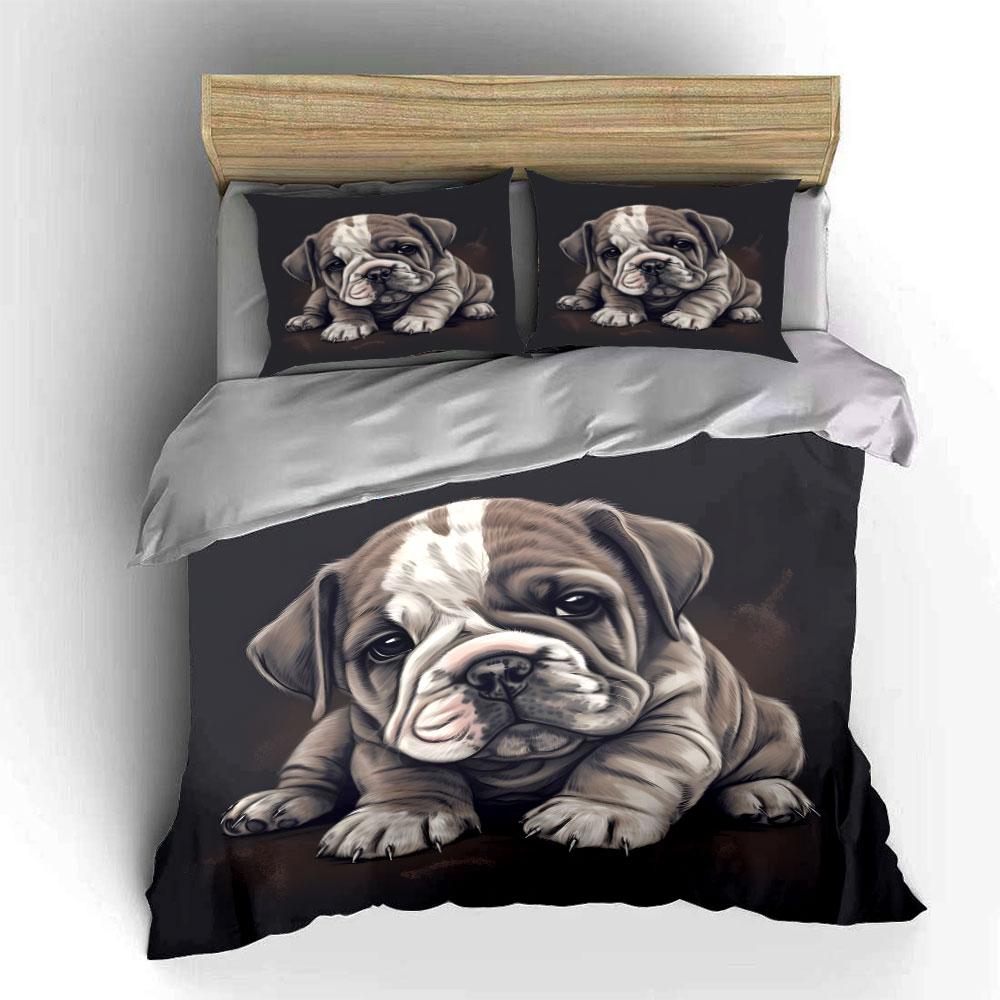 Adorable Bulldog Puppy Print Bedding Duvet Cover Set (1*Duvet Cover 2*Pillowcases, without duvet insert)