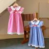 Girls Summer Plaid Princess Dress With Peter Pan Collar Lace Trim Flutter Sleeves And Bow Tie Casual Party Sundress For Kids
