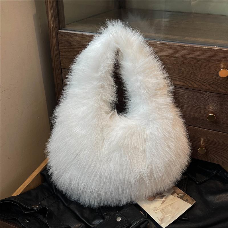 Luxury Soft Plush Half Moon Bag Faux Fur Fluffy Lady Handbags Female Winter Purse Party Clutch Bag Casual Tote Bag