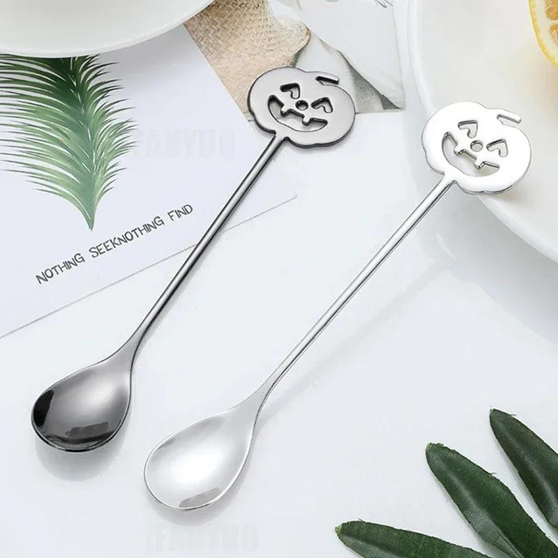 Halloween Pumpkin Head Stainless Steel Teaspoons Coffee Spoon Dessert Tea Sugar Scoop for For Home Kitchen Halloween Party Gifts
