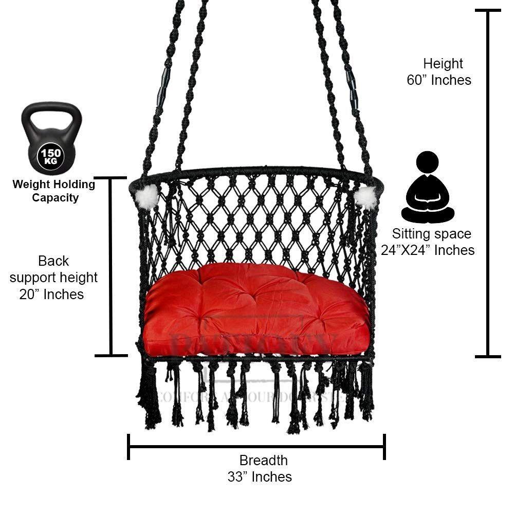 Premium C-Swing Cotton Chair for Adults, Kids Hammock-Hanging Chair Swing with Red Color Cushion and Accessories (Black-Red)