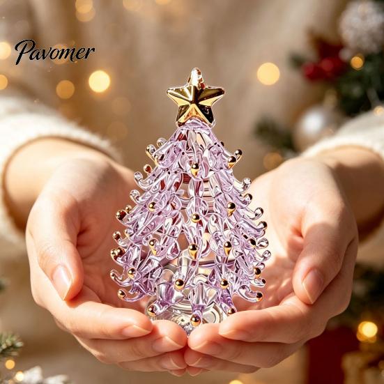 Sparkling Holiday Table Decor Glazed Glass Christmas Tree Ornament with Star Topper, Colorful Small Desktop Art, Faux Crystal Tabletop for Home Office