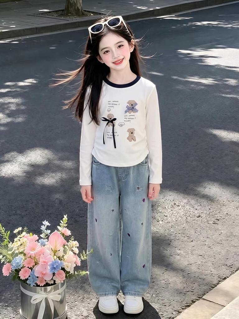 Girls' 2026 Autumn Two-Piece Set: Long-Sleeve T-Shirt & Printed Jeans
