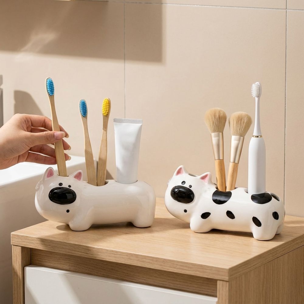 Ceramic Dog Shaped Toothbrush Holder 4 Slots Toothbrush Storage Rack  Washbasin Organizer