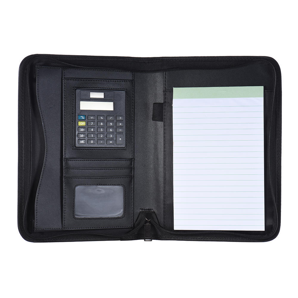 A5 Business Portfolio Padfolio Folder Document Case Organizer A5 PU Leather Zippered Closure Calculator Card Holder Memo